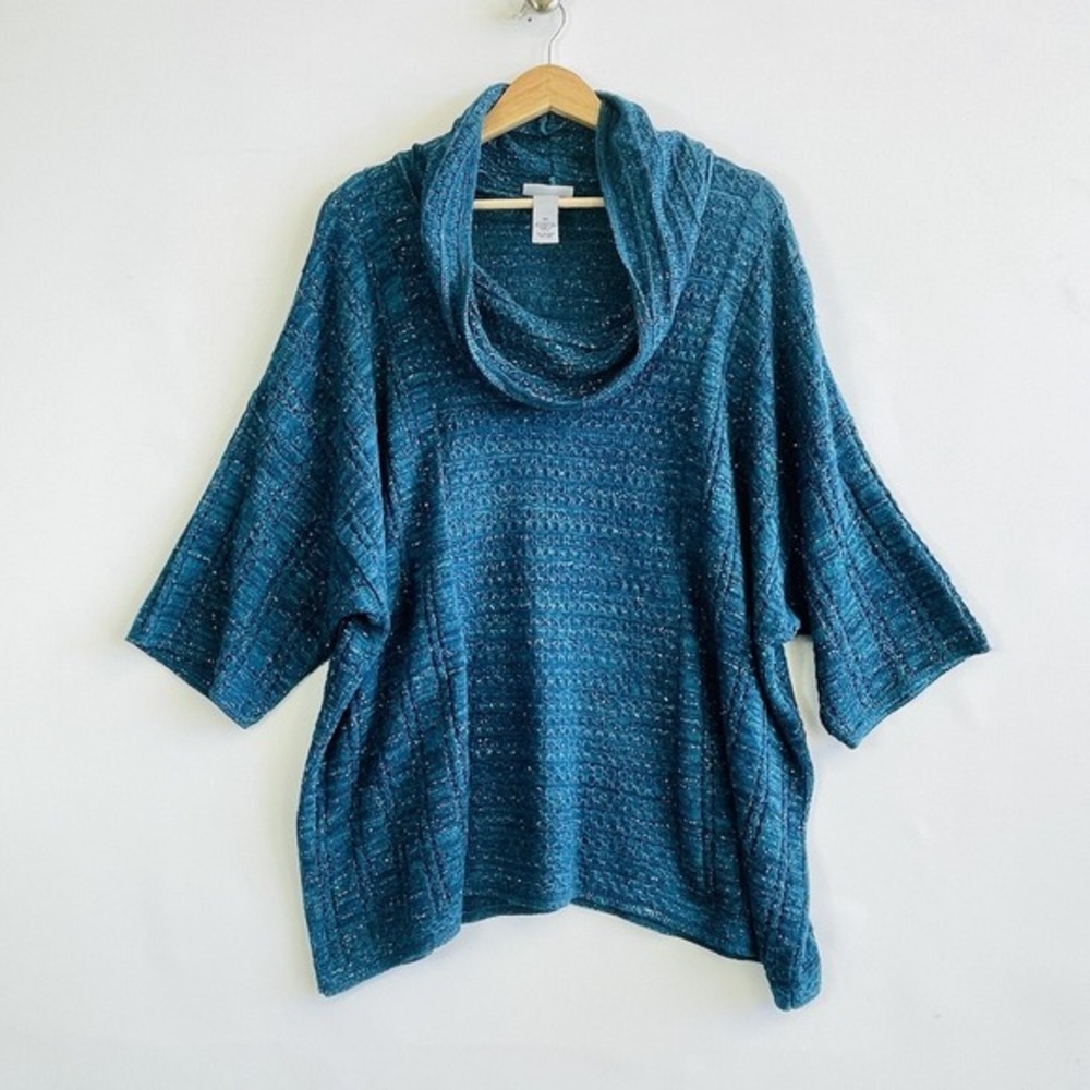 Catherines Womens 2X Sweater Green Blue Glitter Sparkle Short Sleeve Cowl Neck